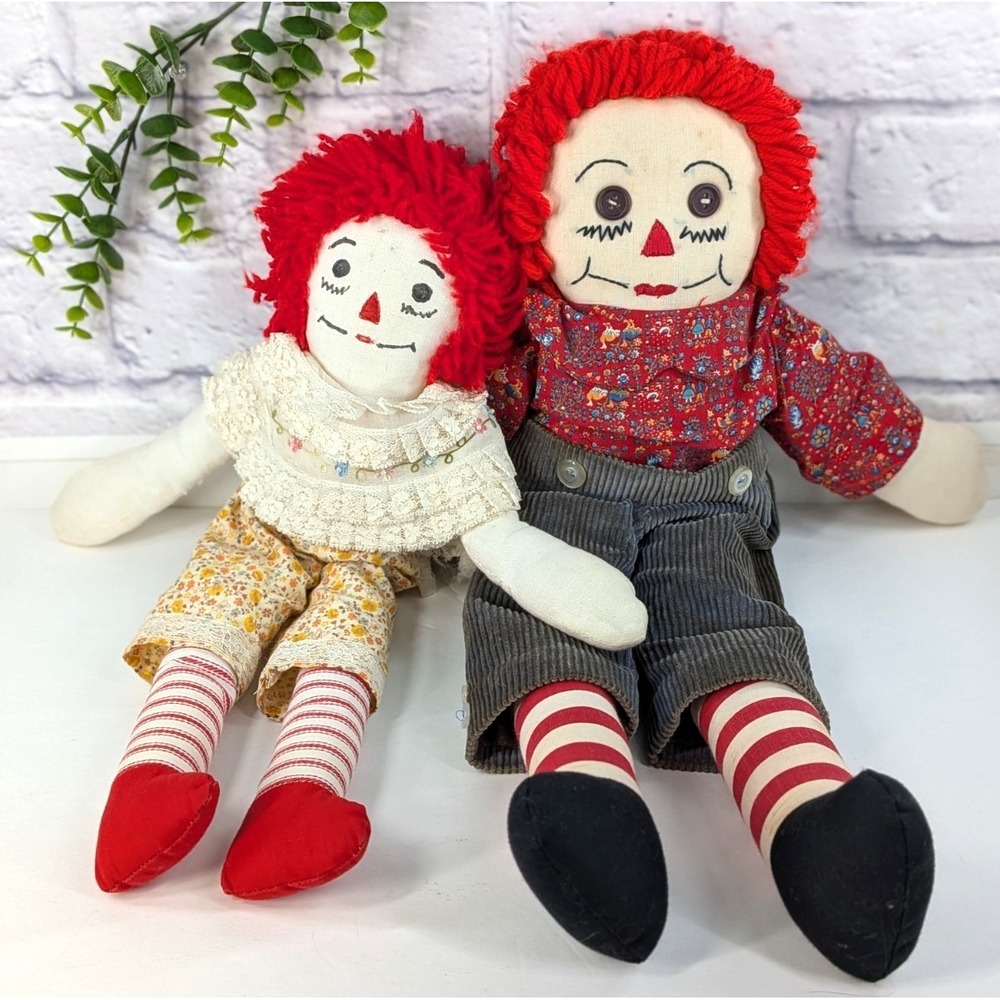 SUPER VTG🚨Raggedy Ann and Andy 20"&15" Dolls Set Pair Knickerbocker? Cloth‎ Lot